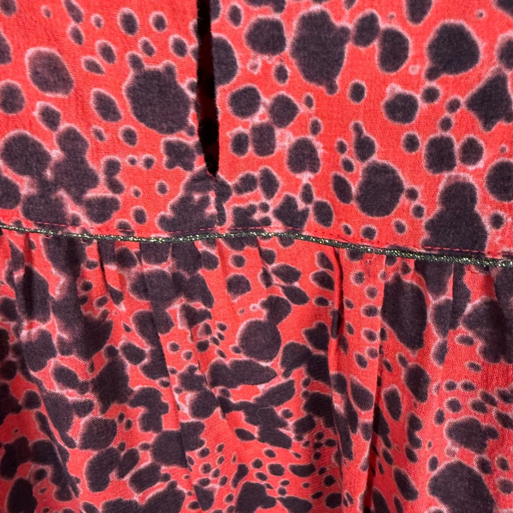 Xirena Scarlet Blouse Women Size M Red Black Animal Print Cotton Ruffle Office - Picture 7 of 8